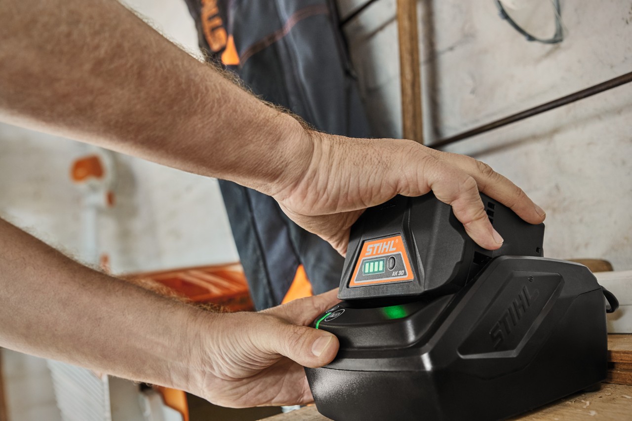 充電ステーションで充電中のSTIHL AK 30リチウムイオン電池 充電方法