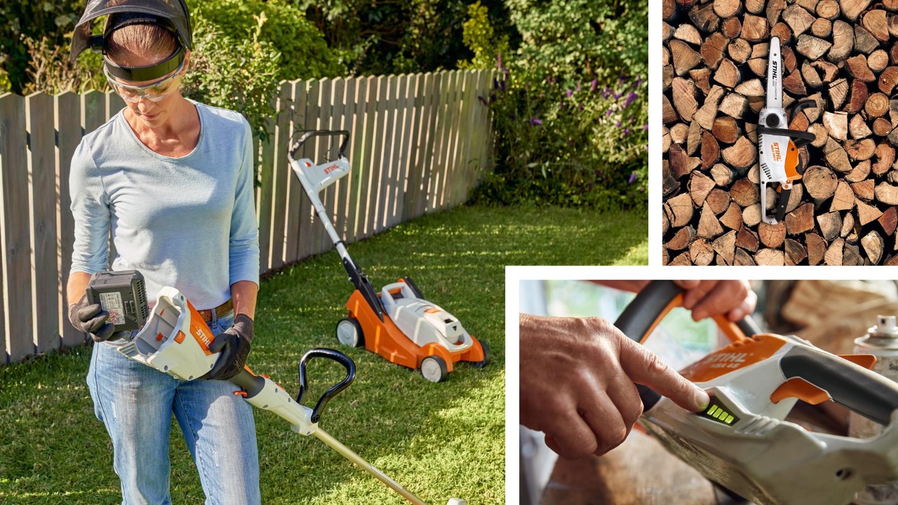 画像コラージュ：庭にいる女性と各種のSTIHLバッテリーツール