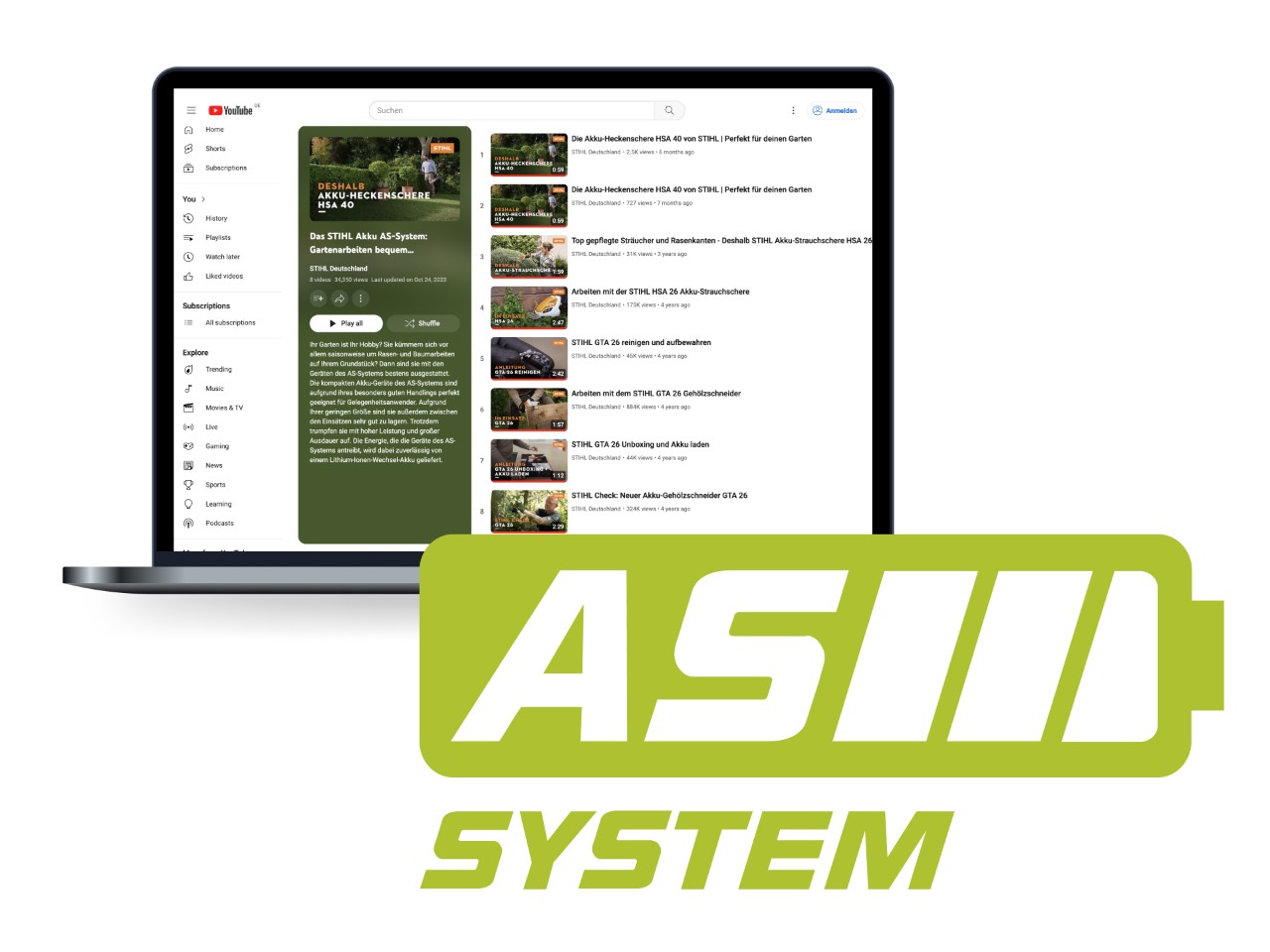 緑のバッテリーアイコンの形をしたSTIHL ASシステムのロゴ